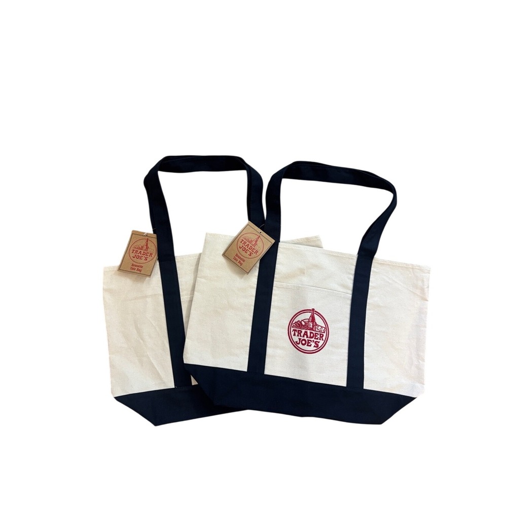 Trader Joe's Reusable Canvas Tote Bag Navy Blue Cream Cotton Grocery 2 Pack NWT - Picture 1 of 5